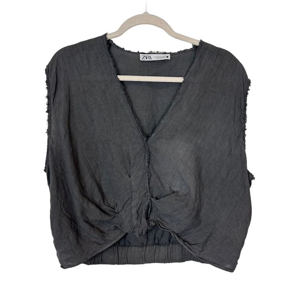 Zara Linen Blouse Womens Medium gray Black Sleeveless V-Neck Frayed Top cropped